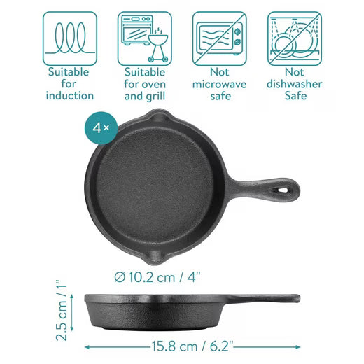 Navaris 4x Gusseisenpfanne klein mit Holzstand - Servierpfanne aus Gusseisen