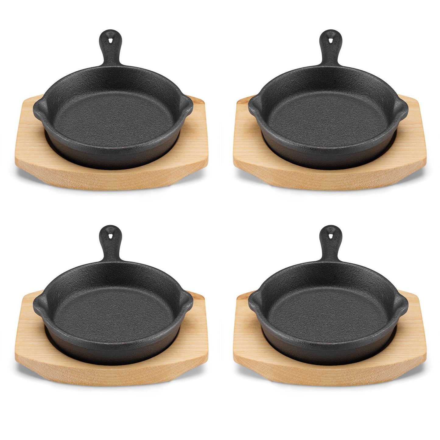 Navaris 4x Gusseisenpfanne klein mit Holzstand - Servierpfanne aus Gusseisen