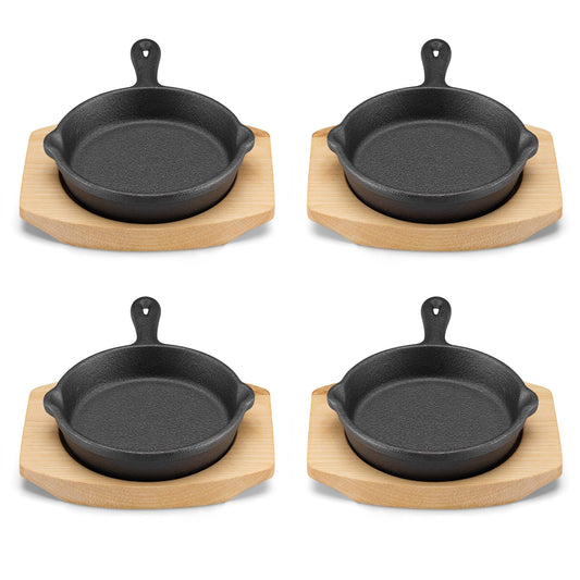 Navaris 4x Gusseisenpfanne klein mit Holzstand - Servierpfanne aus Gusseisen